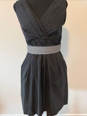 Dress Barn Black and White Polka Dot Midi Dress with Striped Waist